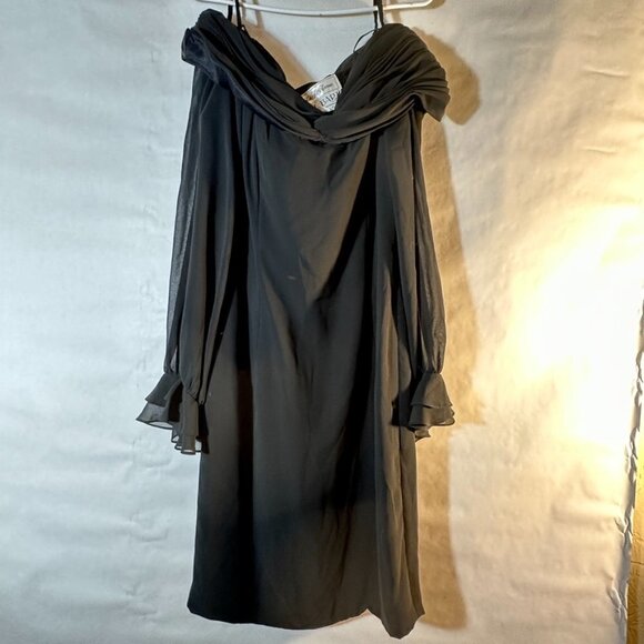 Saks Fifth Avenue AJ Bari Dress Chiffon Size 10 Sheer Ruched Cold Shoulder Black - Picture 3 of 9